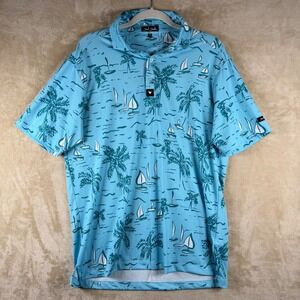 Bad Birdie Mens Golf Polo Shirt Blue Tropical Palm Tree Sailboat Print Size M